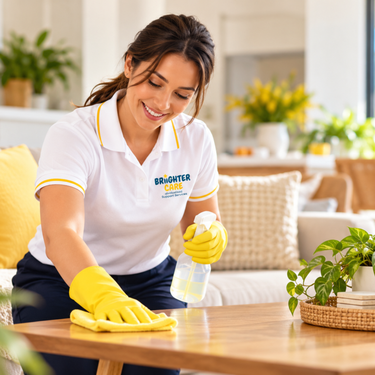 Briighter Care support worker wiping down a coffee table in a bright, tidy living room
