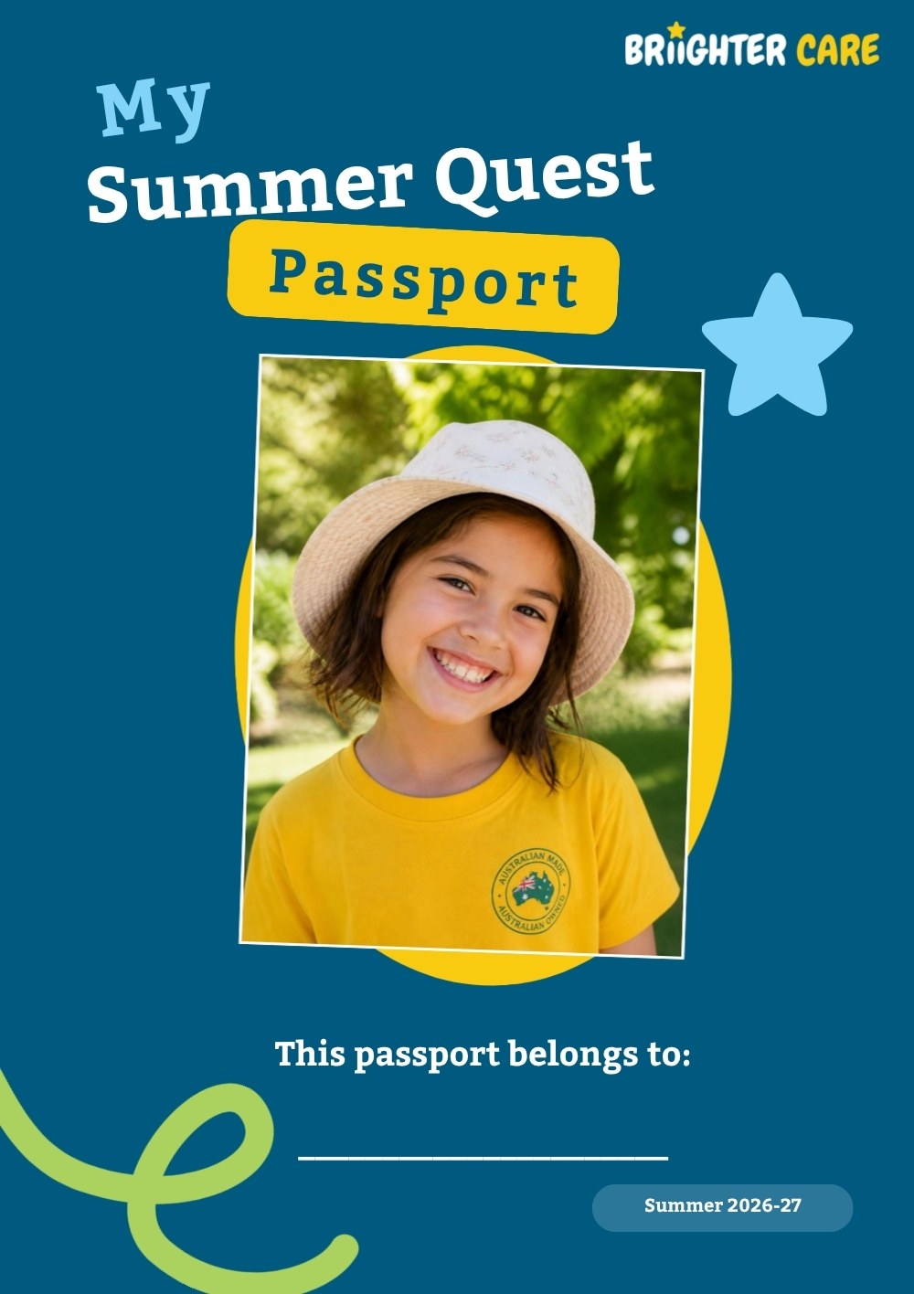 Summer Quest passport front cover with an example participant photo