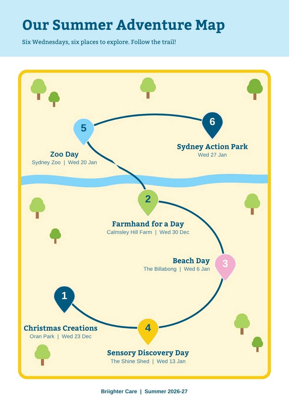 Summer Quest passport adventure map with pins, a river and trees for the six Wednesday outings