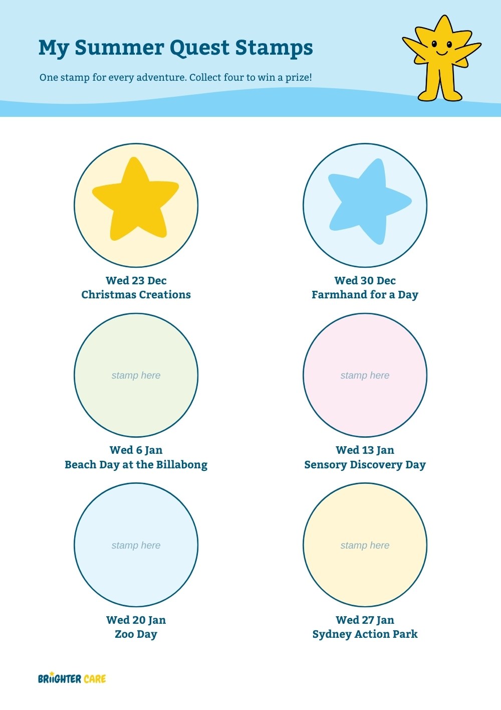 Summer Quest passport stamp page with a circle for each Wednesday