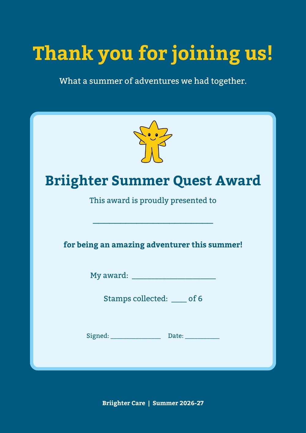 Summer Quest passport back cover with a thank you message and award certificate